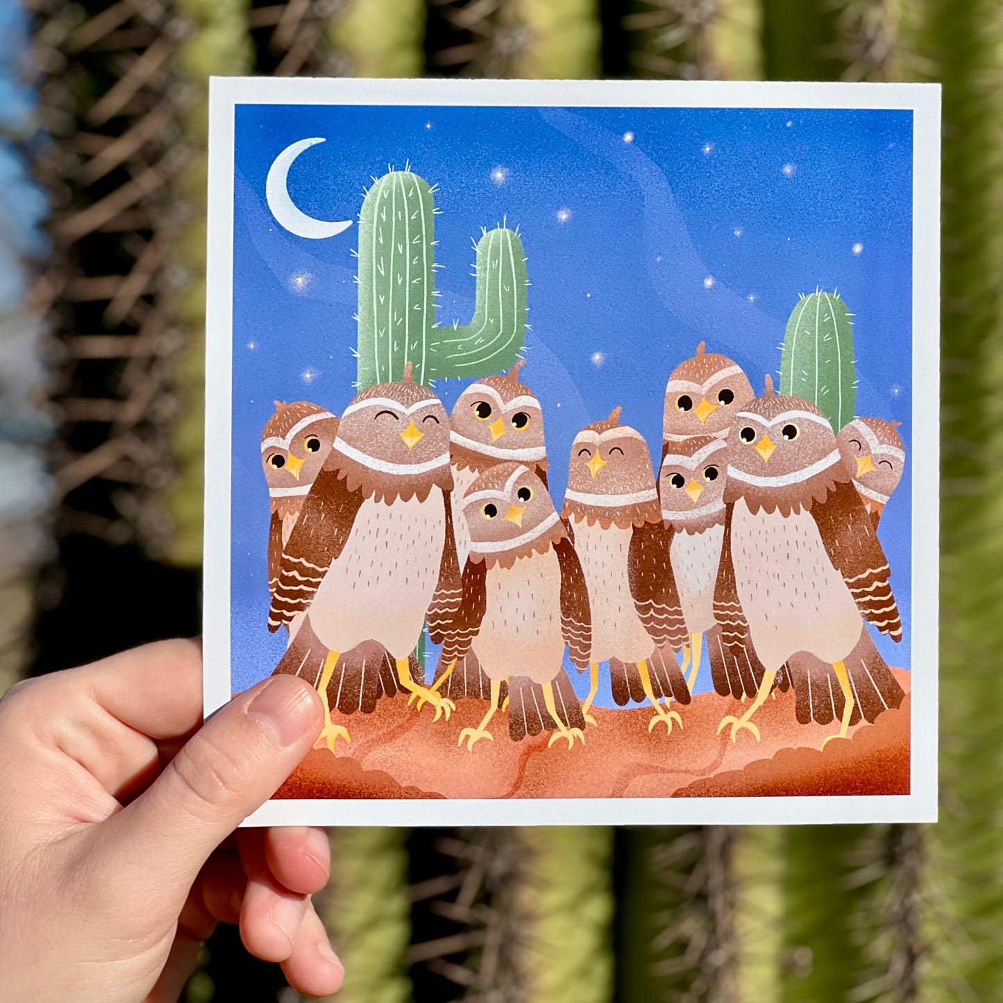 Owls Under the Cactus Moon - Greeting Card